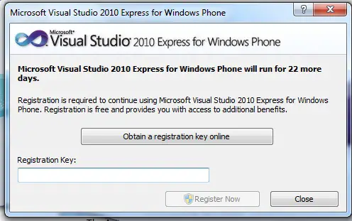 Microsoft Visual Studio 2010 Express for Windows Phone in a trial mode