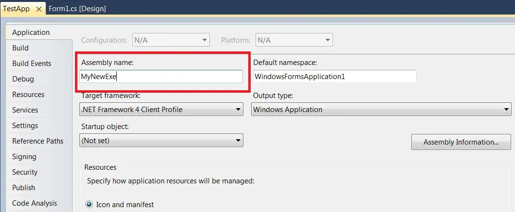 How to change the exe name of the Windows Application in Visual Studio 2010 ?