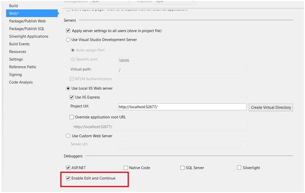How to enable Edit and Continue in Visual Studio 2012 within the ASP.NET MVC project?