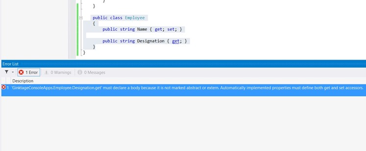 Automatically implemented properties must define both get and set accessors in C#