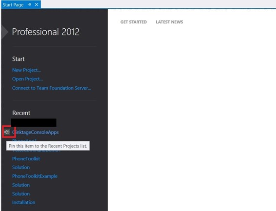 Visual Studio 2012 Tips and Tricks – Pin & UnPin the Project in the Start Page