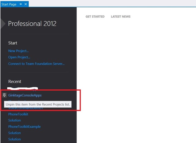 Visual Studio 2012 Tips and Tricks – Pin & UnPin the Project in the Start Page