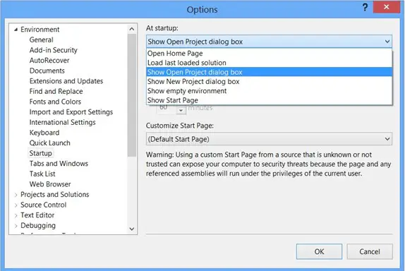 Visual Studio 2012 Tips and Tricks – Show Open Project Dialog on Start Up