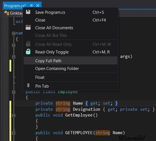 Visual Studio 2012 Tips and Tricks - Copy File Path from File Tab