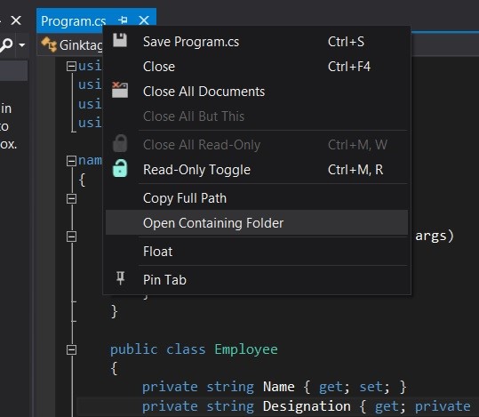 Visual Studio 2012 Tips and Tricks - Open File's Location from the File Tab in Editor.
