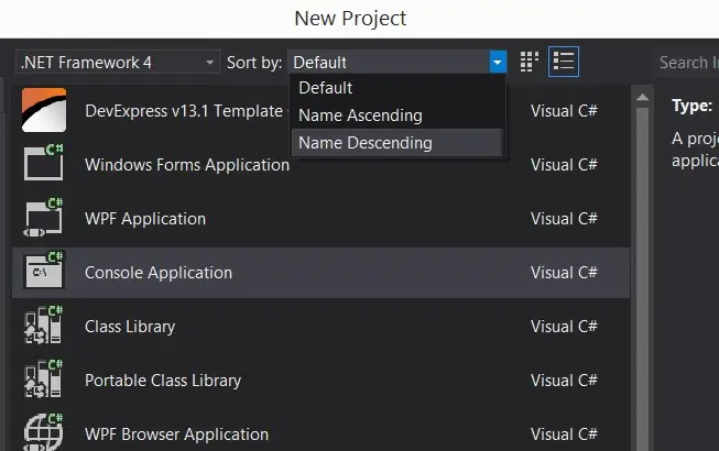 Visual Studio 2012 Tips and Tricks - Sorting, Searching and Icons in the New Project Dialog