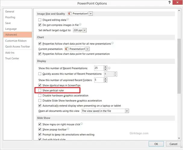 How to Disable only the Vertical Ruler in Microsoft PowerPoint 2013?